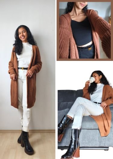 How to Style a Cardigan Outfit  
https://outfitonpoint.com/nine-different-ways-to-wear-a-long-brown-cardigan/