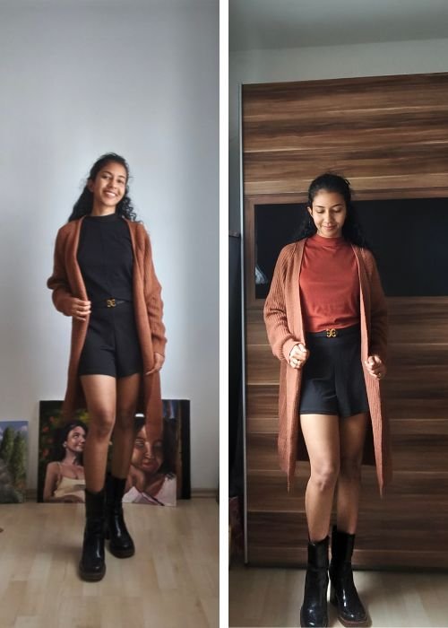 Brown Cardigan with Shorts 
https://outfitonpoint.com/nine-different-ways-to-wear-a-long-brown-cardigan/