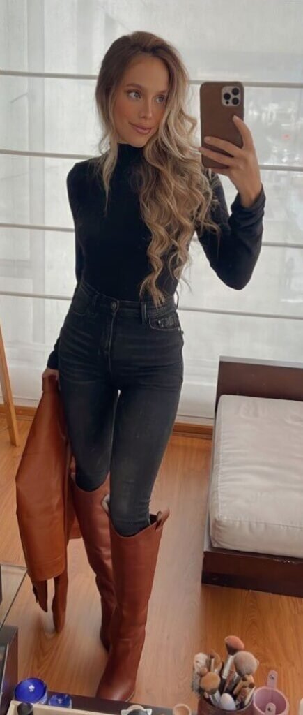 Tan Riding Boots Outfit with Denim 
https://outfitonpoint.com/how-to-wear-riding-boots-this-fall-winter-outfit-ideas/