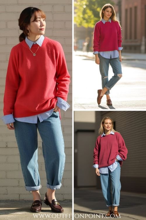 Red Sweater Outfit Early Fall 
https://outfitonpoint.com/stunning-red-sweater-outfit-ideas-for-winter/