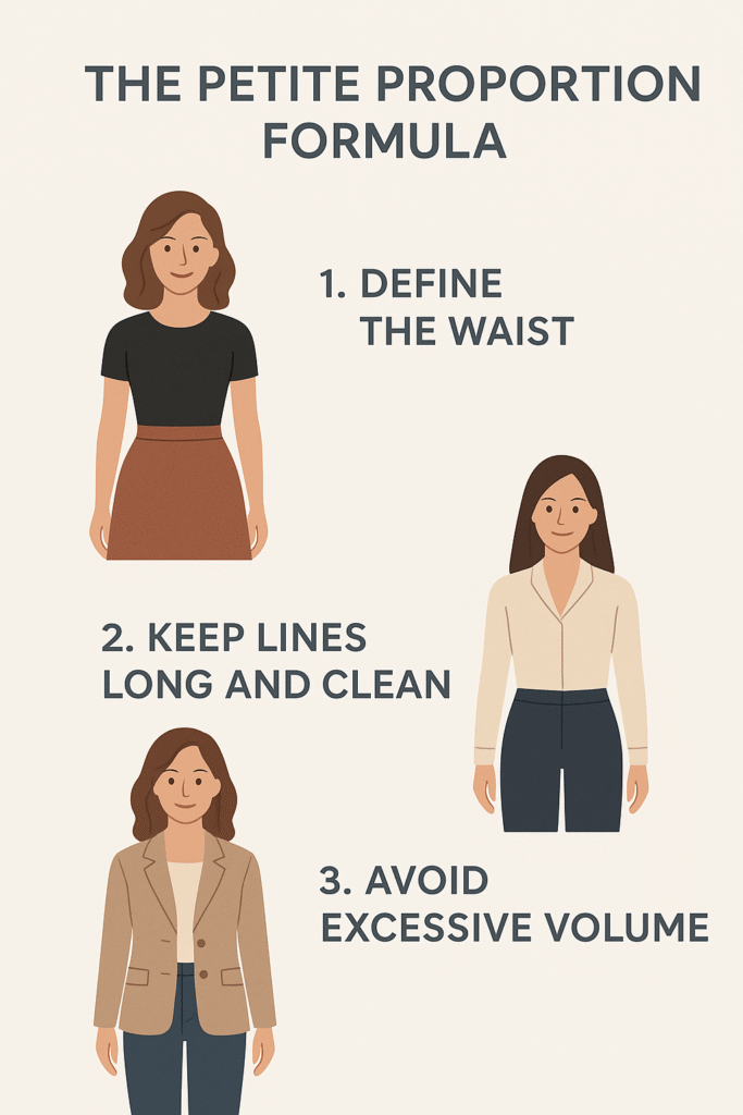 Petite Proportion Formula 
https://outfitonpoint.com/ultimate-guide-how-to-build-a-capsule-wardrobe-for-petites/
