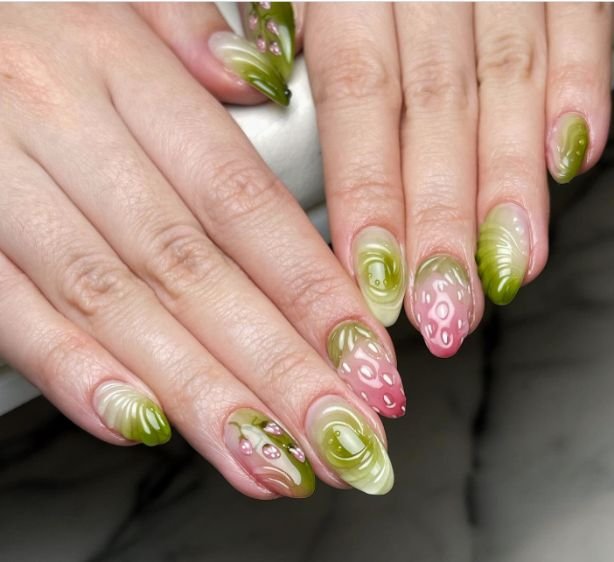strawberry matcha nails design