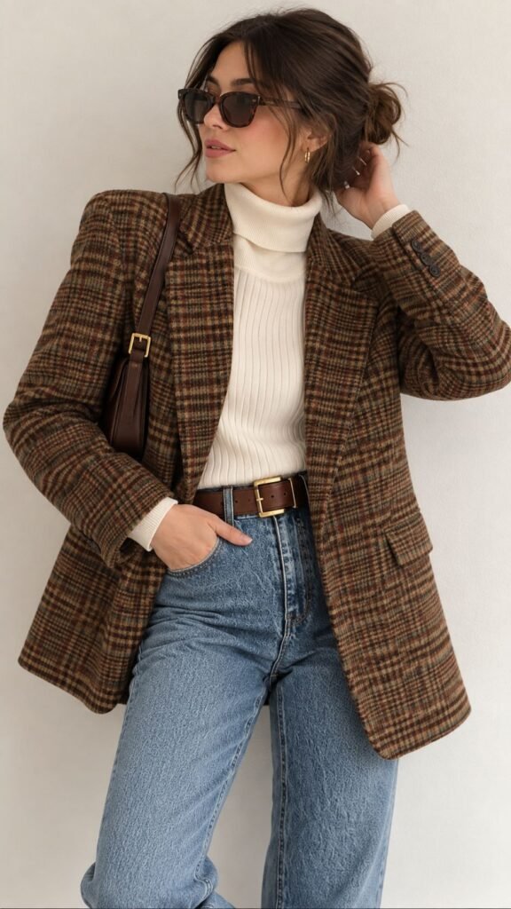 brown plaid blazer outfit women